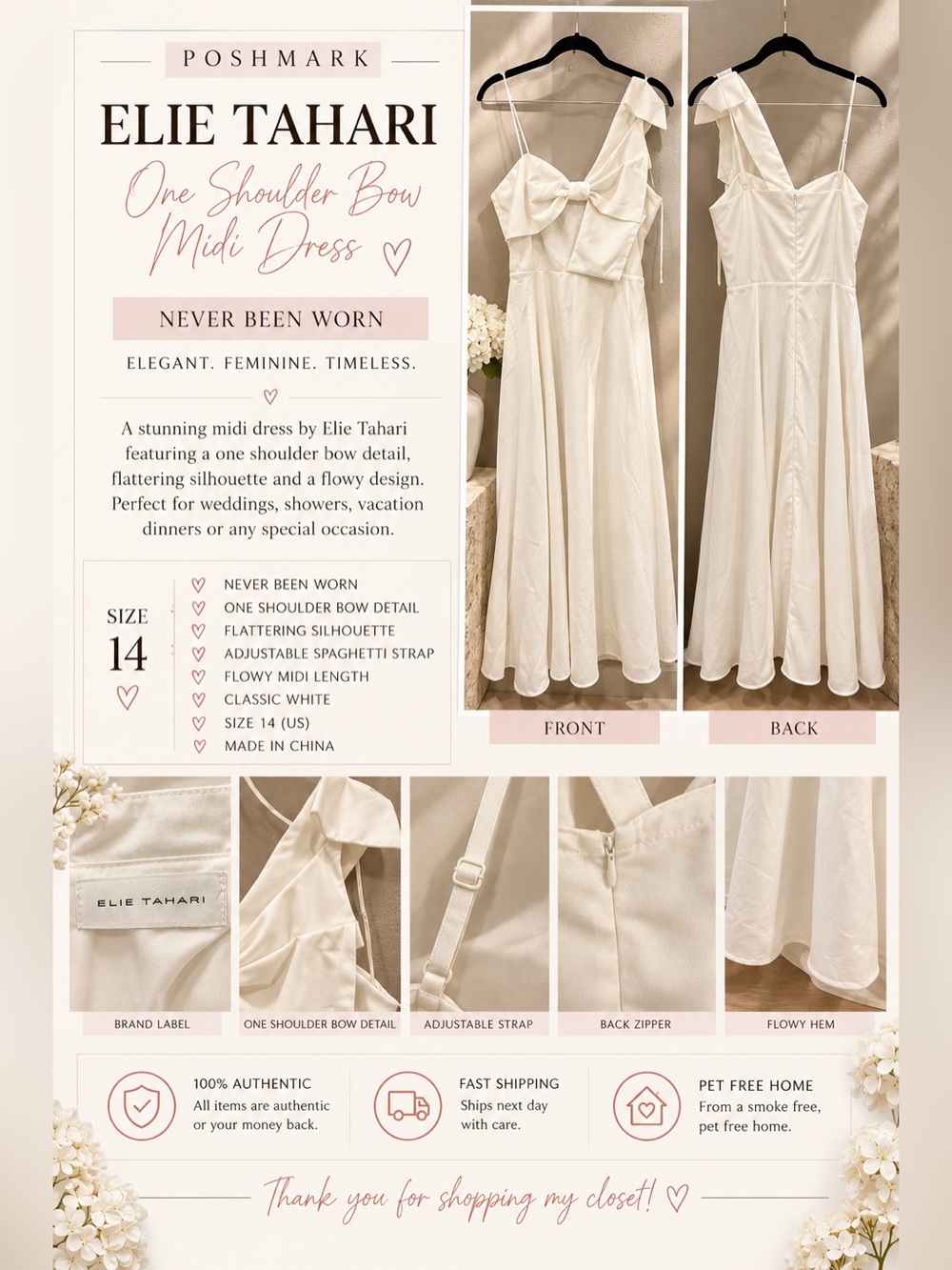 Elie Tahari Ivory One-Shoulder Bow Midi Dress